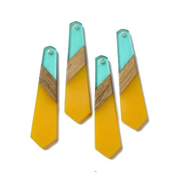 Opaque Resin & Walnut Wood Pendants, Hexagon Tie Charms, Yellow, 49x12x3mm, Hole: 2mm