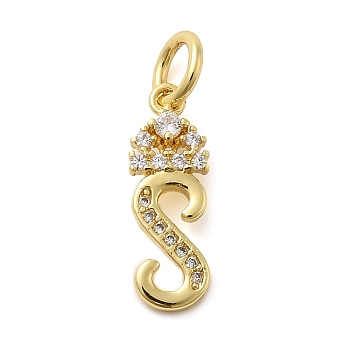 Brass Micro Pave Cubic Zirconia Pendants, with Jump Ring, Letter S, 17x6x2mm, Ring: 6x1mm, Inner Diameter: 4mm