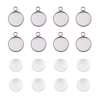DIY Pendant Making, 304 Stainless Steel Pendant Cabochon Settings and Flat Round Glass Cabochons, Clear, Stainless Steel Color, Cabochon Settings: 17.5x14x2mm, Hole: 2mm, Tray: 12mm, Cabochons: 12x6mm