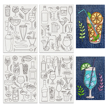 4 Sheets 11.6x8.2 Inch Stick and Stitch Embroidery Patterns, Non-woven Fabrics Water Soluble Embroidery Stabilizers, Drink, 297x210mmm