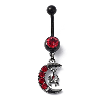 Hyacinth Rhinestone Charm Dangle Belly Rings, Alloy Belly Ring with 304 Stainless Steel with Pins for Women, Moon, 43.5x12mm