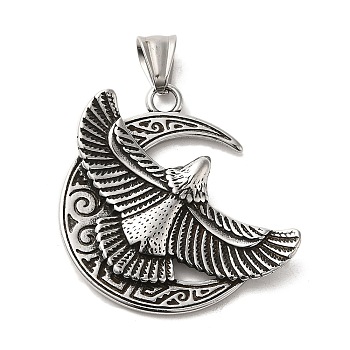 304 Stainless Steel Pendants, Moon with Eagle Charm, Antique Silver, 46x41x4.5mm, Hole: 9x5mm