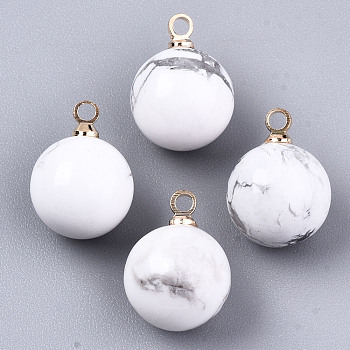 Natural Howlite Charms, with Golden Plated Brass Loops,, Round, 14x10.5mm, Hole: 1.5mm