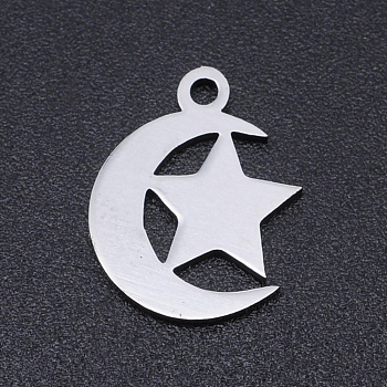 201 Stainless Steel Laser Cut Charms, Star with Moon, Stainless Steel Color, 14x12x1mm, Hole: 1.5mm