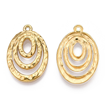Ion Plating(IP) 304 Stainless Steel Pendants, Textured, Oval Charm, Real 18K Gold Plated, 29.5x20.5x3mm, Hole: 1.4mm