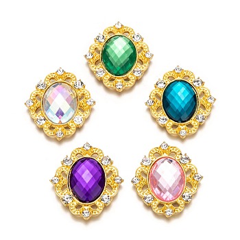 Alloy Acrylic Rhinestone Cabochons, with Rhinestone, Faceted, Oval, Golden, Mixed Color, 31x27x5mm