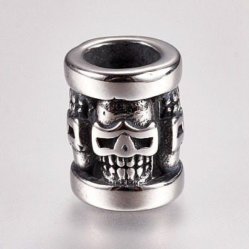 304 Stainless Steel Beads, Column with Skull, Large Hole Beads, Antique Silver, 13x10mm, Hole: 6mm