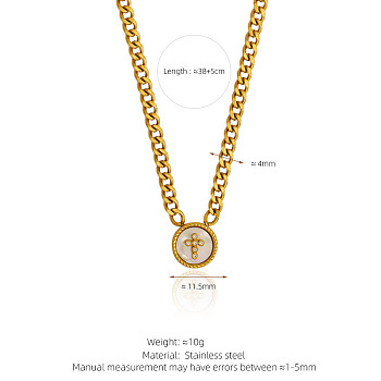 304 Stainless Steel & Natural White Shell Coin Pendant Curb Chain Necklaces for Women, Golden, Cross, 14.96 inch(38cm)