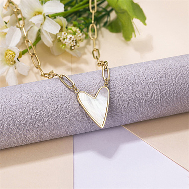 Natural Shell Heart Pendant Necklace with Stainless Steel Paperclip Chains(IQ7813-1)-2