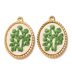304 Stainless Steel & Cloth Embroidered Pendants, Oval with Leaf Charms, Ion Plating(IP), Long-Lasting Plated, Real 18K Gold Plated, Green, 26x18x3mm, Hole: 2mm(FB-CBAFBAF-09G-01)