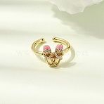 Brass Micro Pave Cubic Zirconia Cuff Open Rings for Women, Dance Shoes, with Enamel, Rack Plating, Cadmium Free & Lead Free, Long-Lasting Plated, Real 18K Gold Plated, Deep Pink, 12x10.5mm, Inner Diameter: 17mm(RJEW-B160-08G-01)