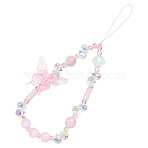 1Pc Acrylic Mobile Straps, with Glass Beads, Butterfly, Pink, 180~185mm(HJEW-SZ0001-55C)