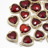 Glass Links connectors, with Golden Tone Brass Findings, Faceted, Heart, FireBrick, 15x10x3mm, Hole: 1mm(GLAA-Q068-09A-07)