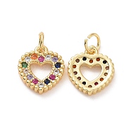 Brass Micro Pave Colorful Cubic Zirconia Charms, with Jump Ring, Hollow Heart Charms, Golden, 12.5x11x2mm, Hole: 3.5mm(ZIRC-F134-10G)