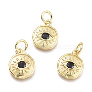 Brass Micro Pave Cubic Zirconia Pendants, with Jump Ring, Flat Round with Eye, Real 18K Gold Plated, Black, 12x10x2mm, Jump Rings: 5x0.8mm, Inner Diameter: 3mm(KK-P187-17H-G)