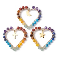 Chakra Gemstone Wried Round Bead Pendants, Heart Charms with Golden Plated Stainless Steel Findings, Mixed Shapes, 38~39x36.5~38x4mm, Hole: 2mm(PALLOY-JF02246)