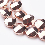 Electroplate Non-magnetic Synthetic Hematite Beads Strands, Grade AAA, Faceted, Flat Round, Rose Gold Plated, 10x4mm, Hole: 1mm, about 40pcs/strand, 15.7 inch(40cm)(G-K259-55-10mm-01RG)