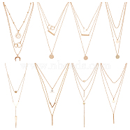 8Pcs 8 Style Alloy Cable Chains 3 Layer Necklaces Set, Triangle & Bar & Horn & Ring Charms Stackable Necklaces for Women, Golden, 14.17 inch(36cm)~18.31 inch(46.5cm), 1Pc/style(NJEW-AN0001-01)