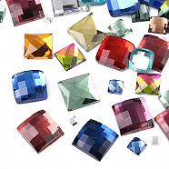 Glass Cabochons, Faceted, Square, Mixed Color, 3.5~16x3.5~16x1.5~5mm(GGLA-N005-05)