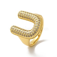 Letter Brass Micro Pave Clear Cubic Zirconia Open Cuff Ring for Women, Real 18K Gold Plated, Letter U, 19.5x17mm, US Size 6(16.5mm)(RJEW-N046-03U-G)