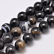 Natural Striped Agate/Banded Agate Bead Strands, Dyed & Heated, Round, Grade A, Black, 12mm, Hole: 1mm, about 32pcs/strand, 15.1 inch(385mm)(G-G962-12mm-12)