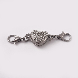 Alloy Rhinestone Magnetic Clasps, with Lobster Claw Clasps, Heart, Gunmetal, 45mm, Lobster Clasp: 12x7x3mm, Heart: 11x18x7mm(ALRI-TAC0001-02B)