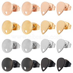 Elite 32Pcs 4 Colors Teardrop & Flat Round 304 Stainless Steel Stud Earring Findings, Mixed Color, 8x5x0.6mm, Hole: 1.2mm, Pin: 0.7mm, 4pcs/color(STAS-PH0001-55)