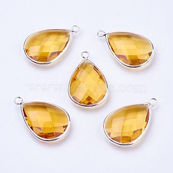 Silver Color Plated Brass Glass Teardrop Pendants, Faceted, Yellow, 18x10x5mm, Hole: 2mm(X-GLAA-M006-A-20S)