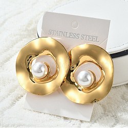 304 Stainless Steel Stud Earrings, with Plastic Imitation Pearl, Flat Round, Real 18K Gold Plated, 48.5x48.5mm(EJEW-Z084-16G)