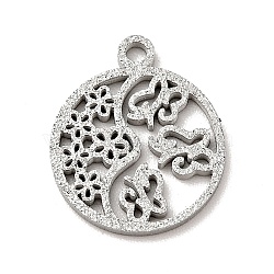 304 Stainless Steel Textured Pendants, Hollow, Flat Round with Butterfly & Flower, Stainless Steel Color, 14x12x1mm, Hole: 1.2mm(STAS-J040-04B-P)
