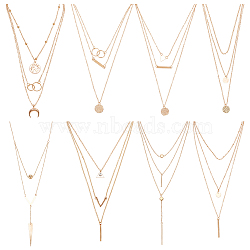 8Pcs 8 Style Alloy Cable Chains 3 Layer Necklaces Set, Triangle & Bar & Horn & Ring Charms Stackable Necklaces for Women, Golden, 14.17 inch(36cm)~18.31 inch(46.5cm), 1Pc/style(NJEW-AN0001-01)