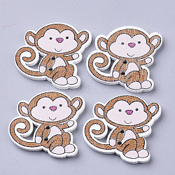 2-Hole Wooden Buttons, Single-Sided Printed, Monkey, Sienna, 28x29x2.5mm, Hole: 1.8mm(X-BUTT-T007-030)