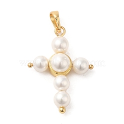 Rack Plating Brass & Acrylic Pearl Pendants, Long-Lasting Plated, Cadmium Free & Lead Free, Cross Charms, Real 18K Gold Plated, 27x19.5x6mm, Hole: 3.8x6mm(KK-G488-04G)