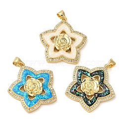 Rack Plating Brass Micro Pave Cubic Zirconia Pendants, Cadmium Free & Lead Free, Long-Lasting Plated, Real 18K Gold Plated, Rose/Flower
, Star, 26.5x25x4mm, Hole: 5x3mm(KK-P268-11C-G)