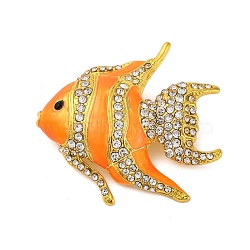 Zinc Alloy Crystal Rhinestone Resin Fish Brooch, Enamel Pins, Golden, 37x42mm(JEWB-U010-01G-01)