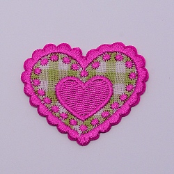 Computerized Embroidery Cloth Iron on/Sew on Patches, Costume Accessories, Appliques, Heart with Heart, Fuchsia, 41x49x1.5mm(DIY-TAC0007-84)