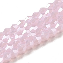 Imitation Jade Electroplate Glass Beads Strands, Pearl Luster Plated, Faceted, Bicone, Pink, 4x4mm, Hole: 0.8mm, about 82~85pcs/strand, 12.01~12.2 inch(30.5~31cm)(EGLA-F029-J4mm-A02)