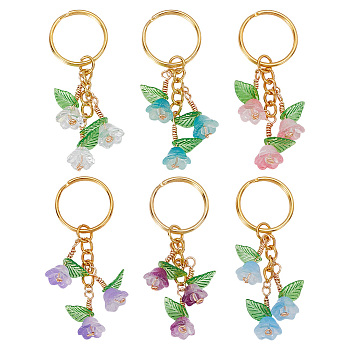 Acrylic & Glass Keychain, with Iron Rings, Flower, Mixed Color, 7.3cm, 6pcs/set