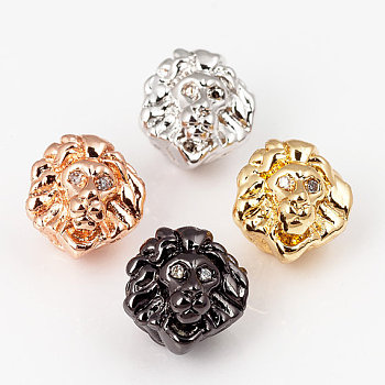Brass Micro Pave Cubic Zirconia Beads, Lion Head Beads, Lead Free & Nickel Free & Cadmium Free, Clear, Mixed Color, 10x11x10mm, Hole: 2mm