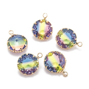 Two Tone Transparent Glass Pendants, with Golden Plated Brass Settings, Faceted, Diamond, Colorful, 19x14.5x8.5mm, Hole: 2mm
