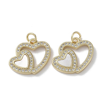 Brass Micro Pave Cubic Zirconia Pendants, with Shell, Heart, Real 18K Gold Plated, 15.5x18x3mm, Hole: 3mm