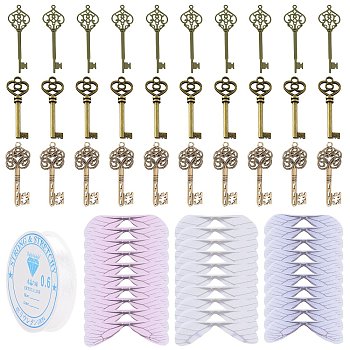 SUNNYCLUE Skeleton Key & Wing Charm Bracelet DIY Making Kit, Includign Zinc Alloy Pendant, Organza Fabric, Elastic Crystal Thread, Antique Bronze, Key: 30pcs/set
