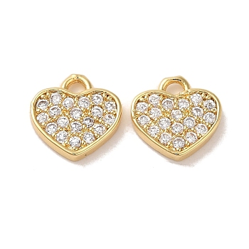 Brass Micro Pave Clear Cubic Zirconia Charms, Heart, Real 18K Gold Plated, 9x9x1.7mm, Hole: 1.2mm