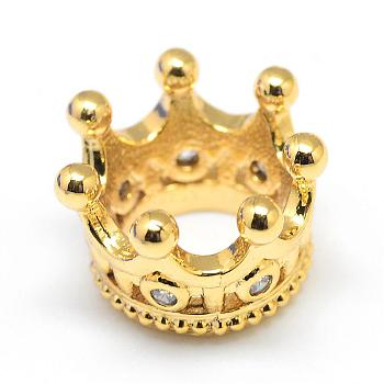 Rack Plating Brass Micro Pave Cubic Zirconia Beads, Crown, Large Hole Beads, Long-Lasting Plated, Golden, 11x7mm, Hole: 6mm