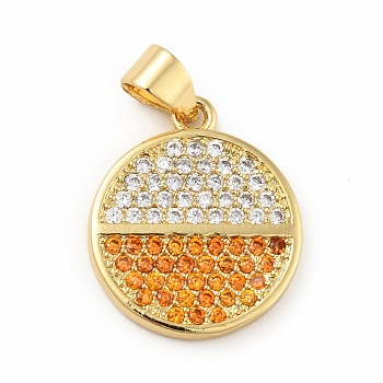 Brass Micro Pave Cubic Zirconia Pendants, Cadmium Free & Lead Free, Long-Lasting Plated, Flat Round, Real 18K Gold Plated, Dark Orange, 17.5x15x2mm, Hole: 3.5x3mm