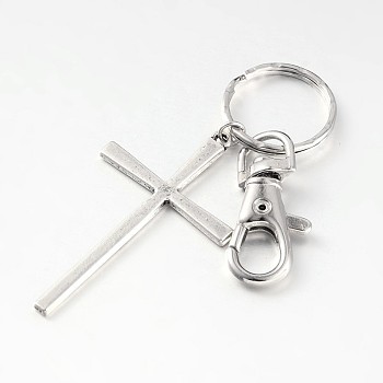 Alloy Cross Keychain, with Iron Ring and Alloy Swivel Lobster Claw Clasps, Mixed Color, 88mm