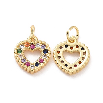 Brass Micro Pave Colorful Cubic Zirconia Charms, with Jump Ring, Hollow Heart Charms, Golden, 12.5x11x2mm, Hole: 3.5mm