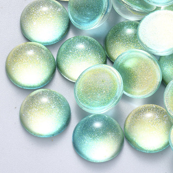 Transparent Spray Painted Glass Cabochons, with Glitter Powder, Half Round/Dome, Aquamarine, 14x7mm