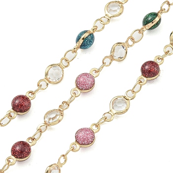 Brass Chain, with Glass and Enamel Links, Round, Soldered, with Spool, Real 18K Gold Plated, 10x4.5x2mm