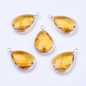 Silver Color Plated Brass Glass Teardrop Pendants, Faceted, Yellow, 18x10x5mm, Hole: 2mm